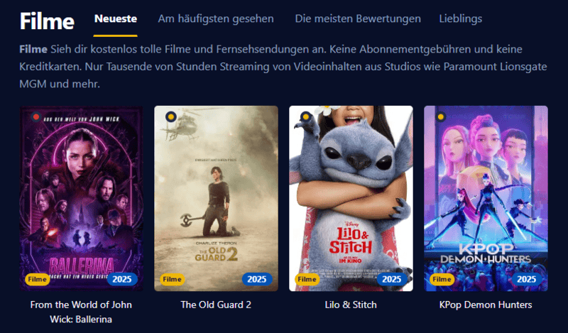 Bildschirmfoto der Filmpalast Webseite die verschiedene Filme und Serien zeigt